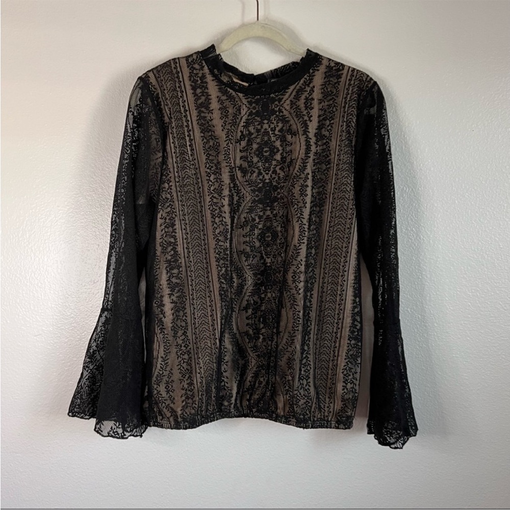 EUC Cure Lace Long Bell Sleeve Top Black and Beige sz XL